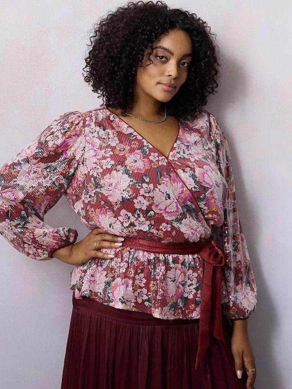 New LC Lauren Conrad Top 1X Tie Waist Faux Wrap Blouse Sequin Floral Long Sleeve